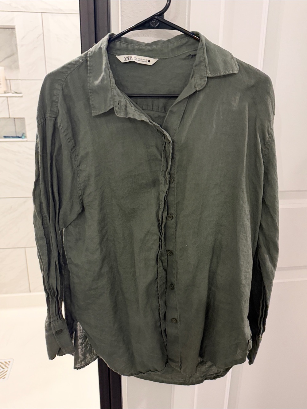 Zara Olive Green oversized Linnen Button-Down Shirt
